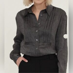 Gray Pleated Long Sleeve Button Down Shirt